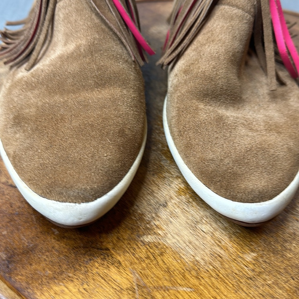 Sanuk Shoes Womens 10 Brown Suede Pink Fringe Slip On Moccasin Loafers - Picture 12 of 13